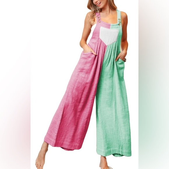 Bibi Color Block Gathered Front Slub Jumpsuit Pink and White - Picture 2 of 7